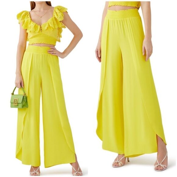 Alice + Olivia Larissa Smocked Waistband Wide Leg Split Pants in Yellow XS - Picture 1 of 9